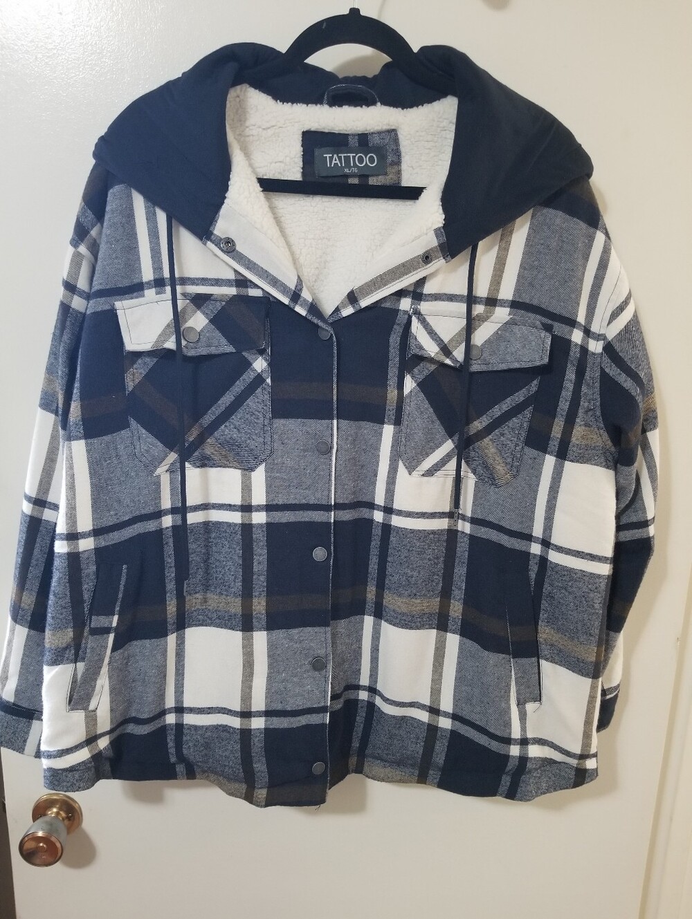 TATTOO Sherpa Lined Plaid Hooded Shacket Jacket XL